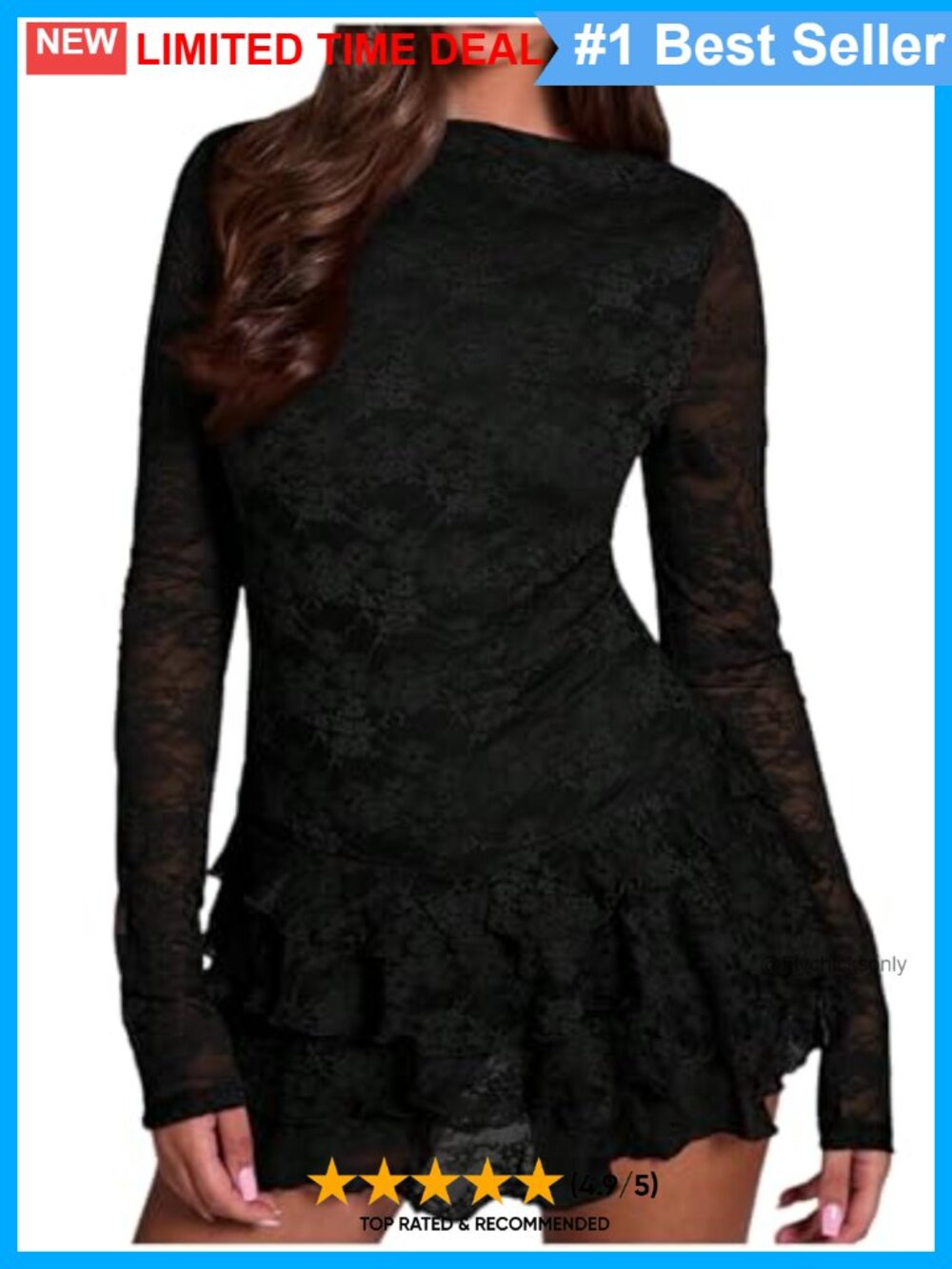 Floral Lace Sheer Long Sleeve Boat Neck Ruffle Mini Dress